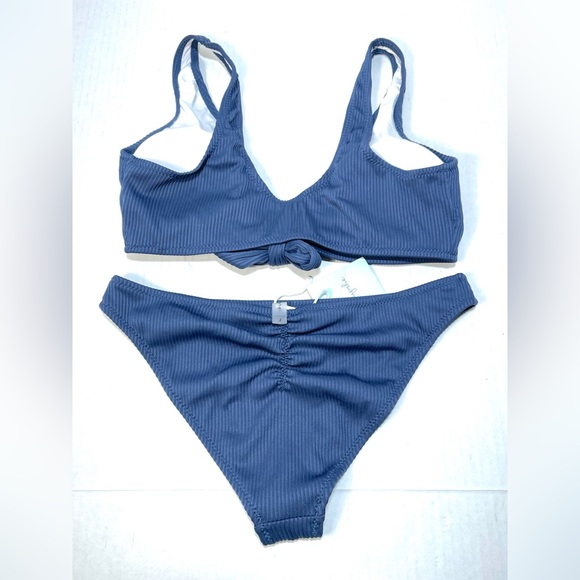 NWT Cupshe Deep Love Solid Bikini Set Tie Knot Mid Slate Ribbed Blue Size L - Picture 4 of 11
